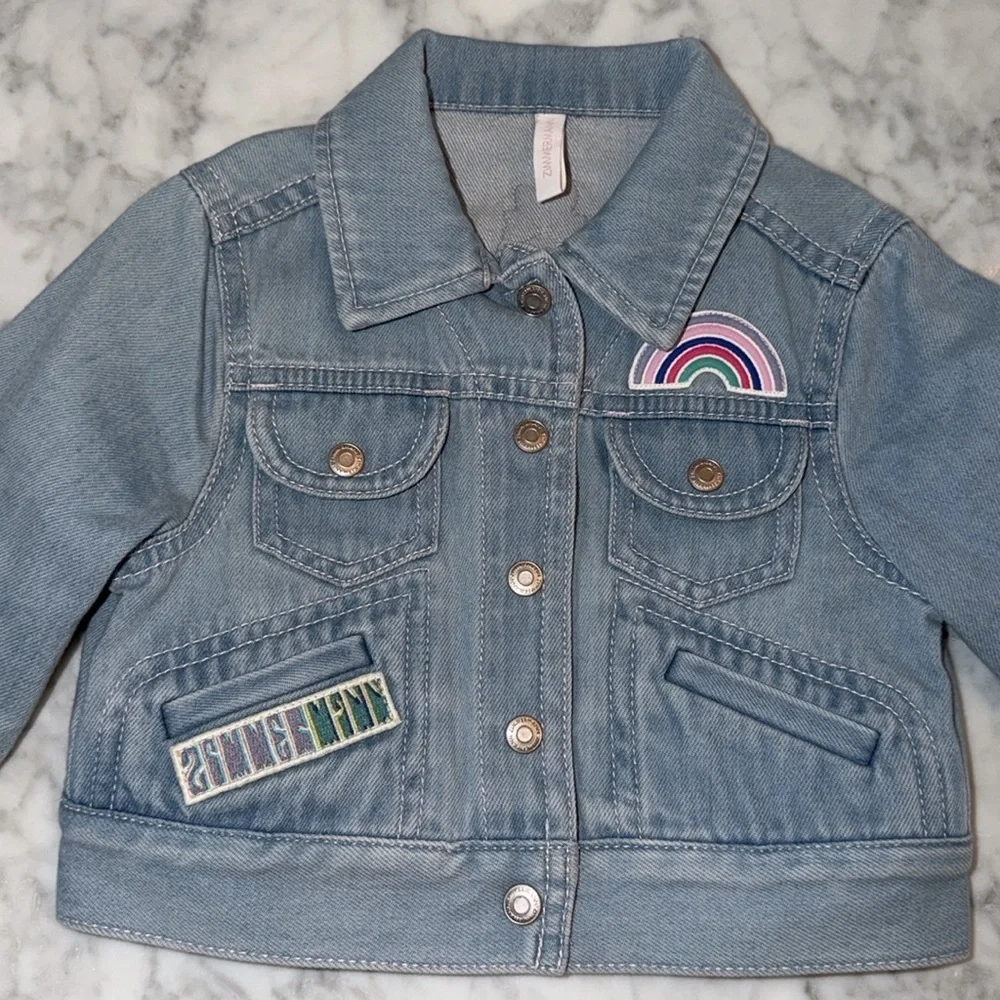 NWOT Zimmermann Kids Denim Jacket with Rainbow Patch 1Y